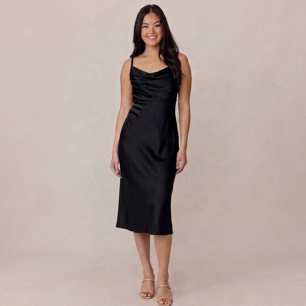 Revelry Skye Satin Midi Slip Dress Black Cowl Neck Formal HoCo Bridesmaid Sz 8